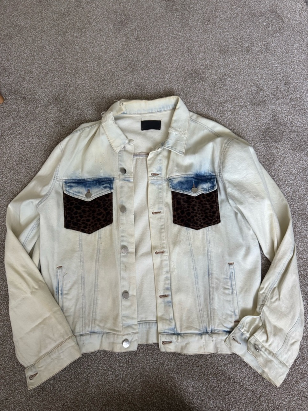 Cream Denim Jacket with Leopard Pocket Detail